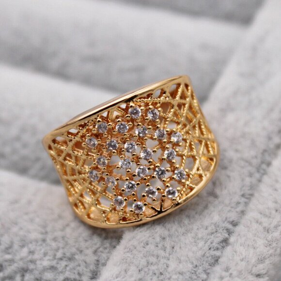 18K Yellow Gold Filled Wide Band Web White Diamond Zircon Ring Gorgeous Gift - Picture 9 of 12